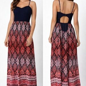 BONGO Navy Bodice Coral Pink Patterned Maxi Dress
